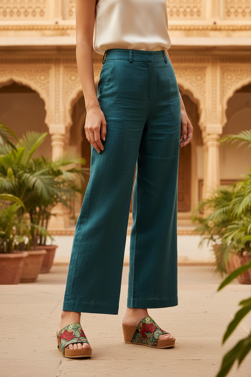 Mid shot of slim model wearing Kolhapuri Floral Ethnic Soule sandals in deep teal linen trousers and ivory silk top in ornate Rajasthani palace courtyard