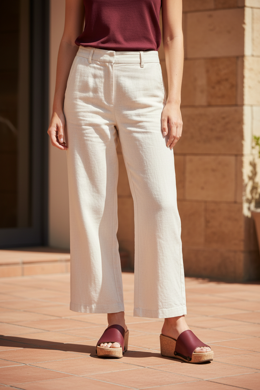 Mid shot of slim model wearing Maroon Soule sandals on sunlit cafe terrace in cream linen trousers and burgundy top