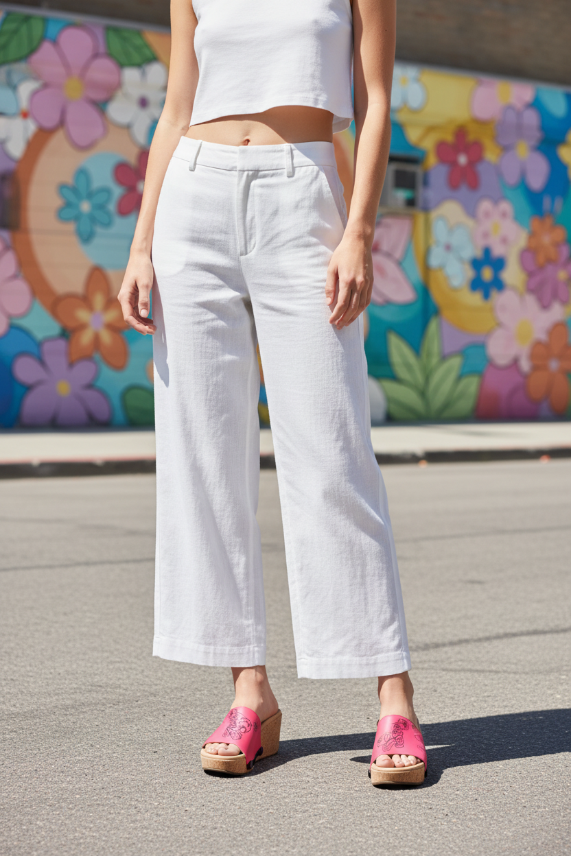 Mid shot of slim model wearing Shocking Pink Soule sandals in white linen trousers and crop top against a colourful mural wall