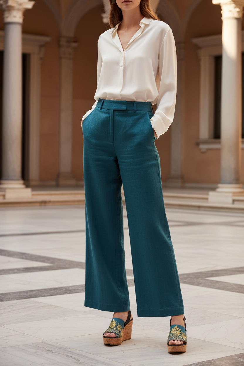 Mid shot of slim model wearing Charming Intricate Pattern Ethnic Soule sandals in deep teal linen trousers and ivory silk blouse among marble columns of a Mediterranean palazzo