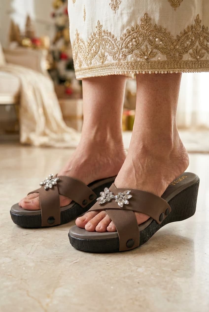 Mocha Embellished Crisscross Sandals – 1-Strap Combo