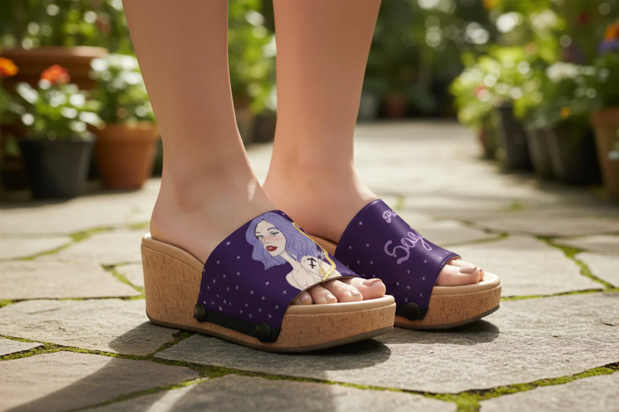 Close-up of model wearing Soule cork wedge sandal with Playful Sagittarius zodiac interchangeable strap on a stone garden path