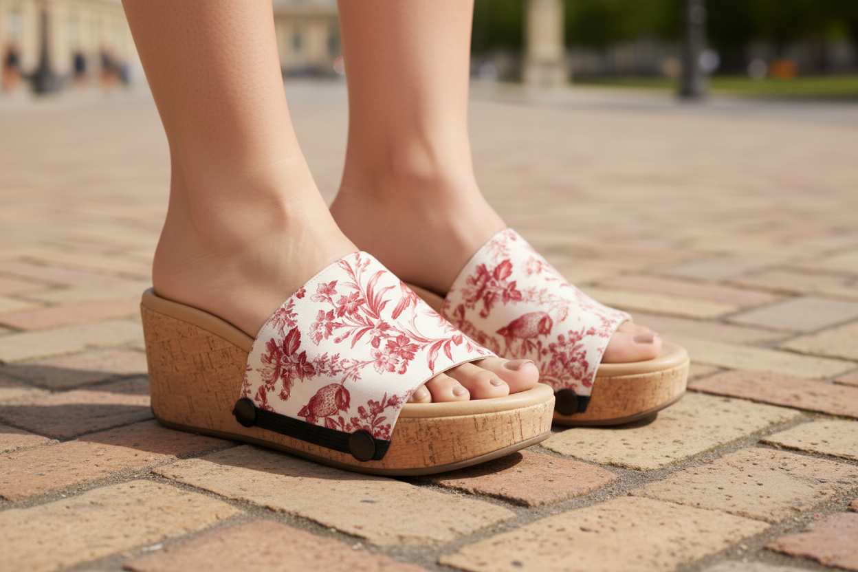 Close-up of cork wedge slide sandals with black snap clips and cream red toile snap-on strap with birds and botanical print on aged European stone pavement by Soule Footwear