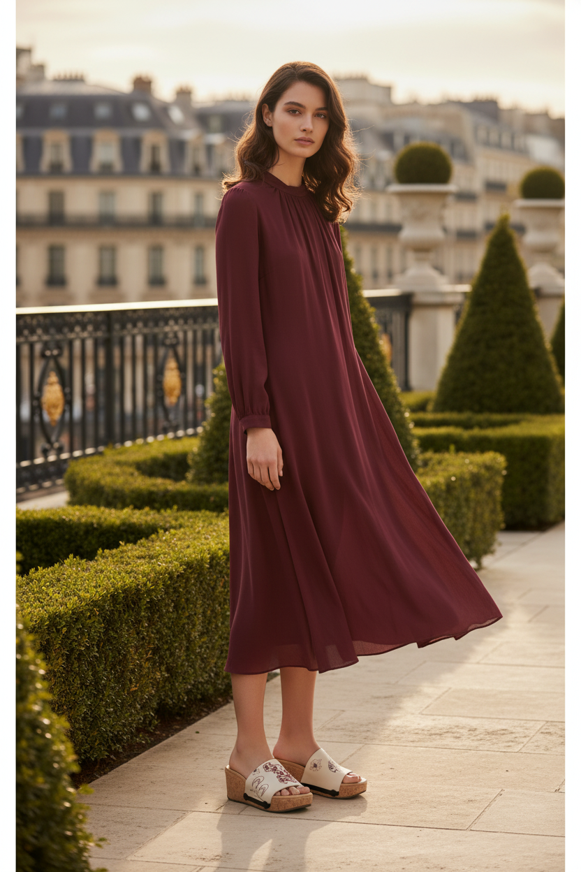 Full length shot of slim model in flowing cream midi dress wearing Red Toile Charm cork wedge sandals in a classic European manor garden by Soule Footwear