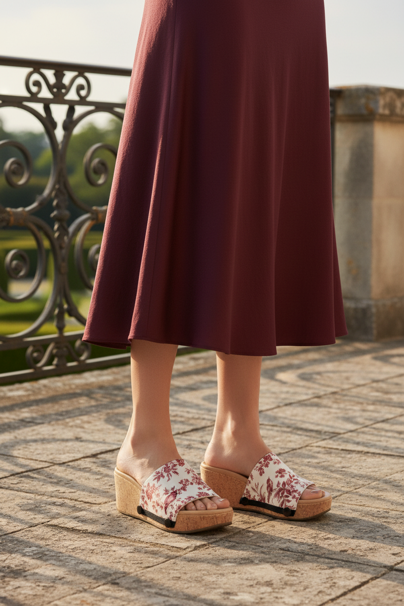 Mid-shot of slim model in smart casual ivory outfit wearing red toile bird print snap-on strap cork wedge sandals on a grand Parisian boulevard by Soule Footwear