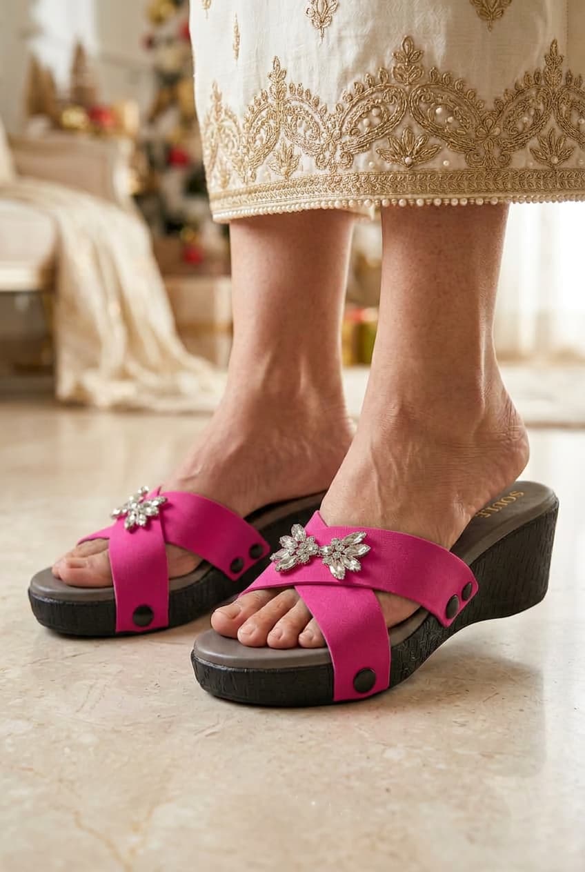 Shocking Pink Embellished Crisscross Sandals – 1-Strap Combo