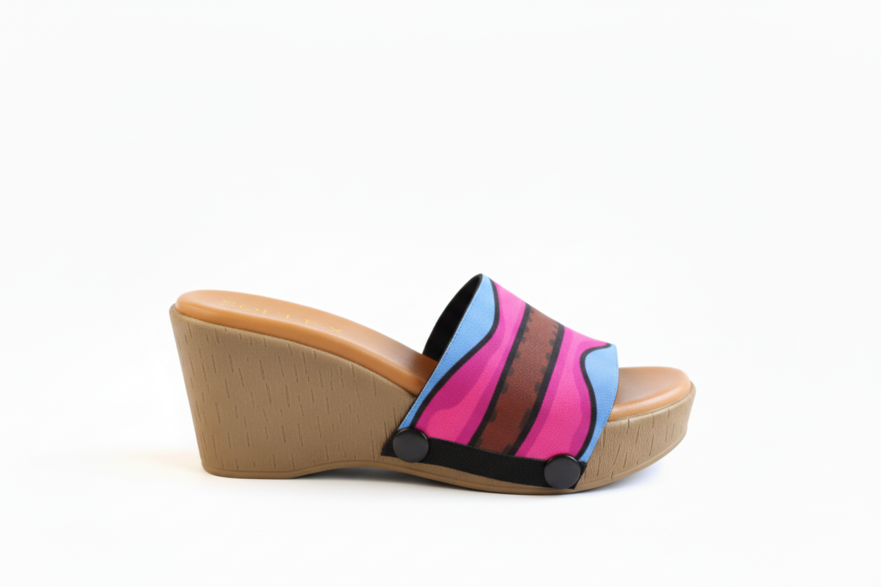 Side profile of Beige Brush Sole with aqua saddle groove strap – Soule interchangeable women's wedge sandal, available in UK 3–8