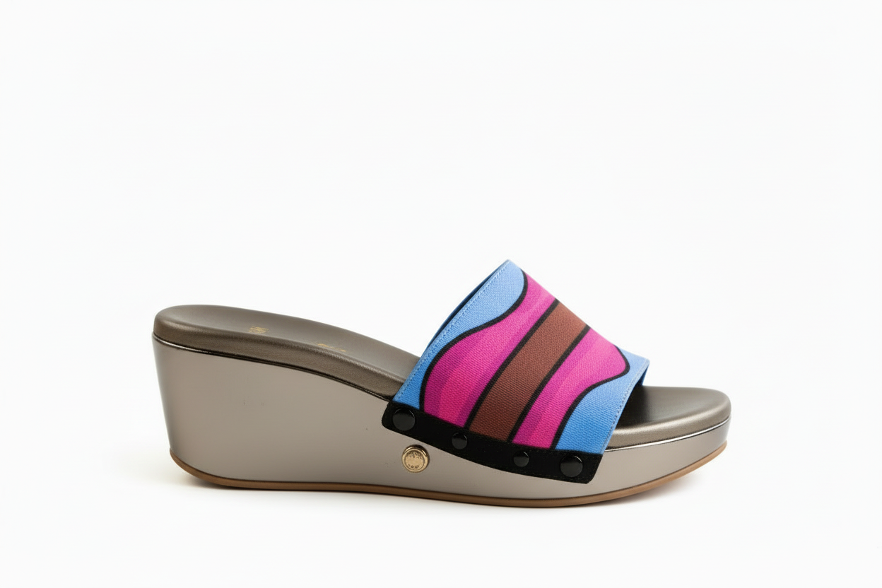 Side profile Gun Metal Sole with aqua saddle groove strap – Soule interchangeable women's sandal, available in UK 3–8