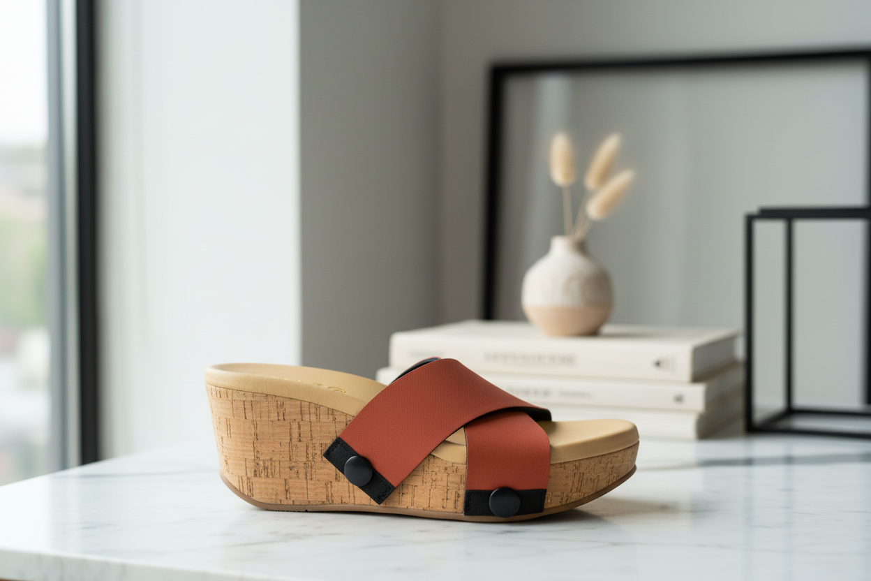 Close-up of cork wedge slide sandals with black snap clips and rich maroon terracotta criss-cross straps onmarble table by Soule Footwear