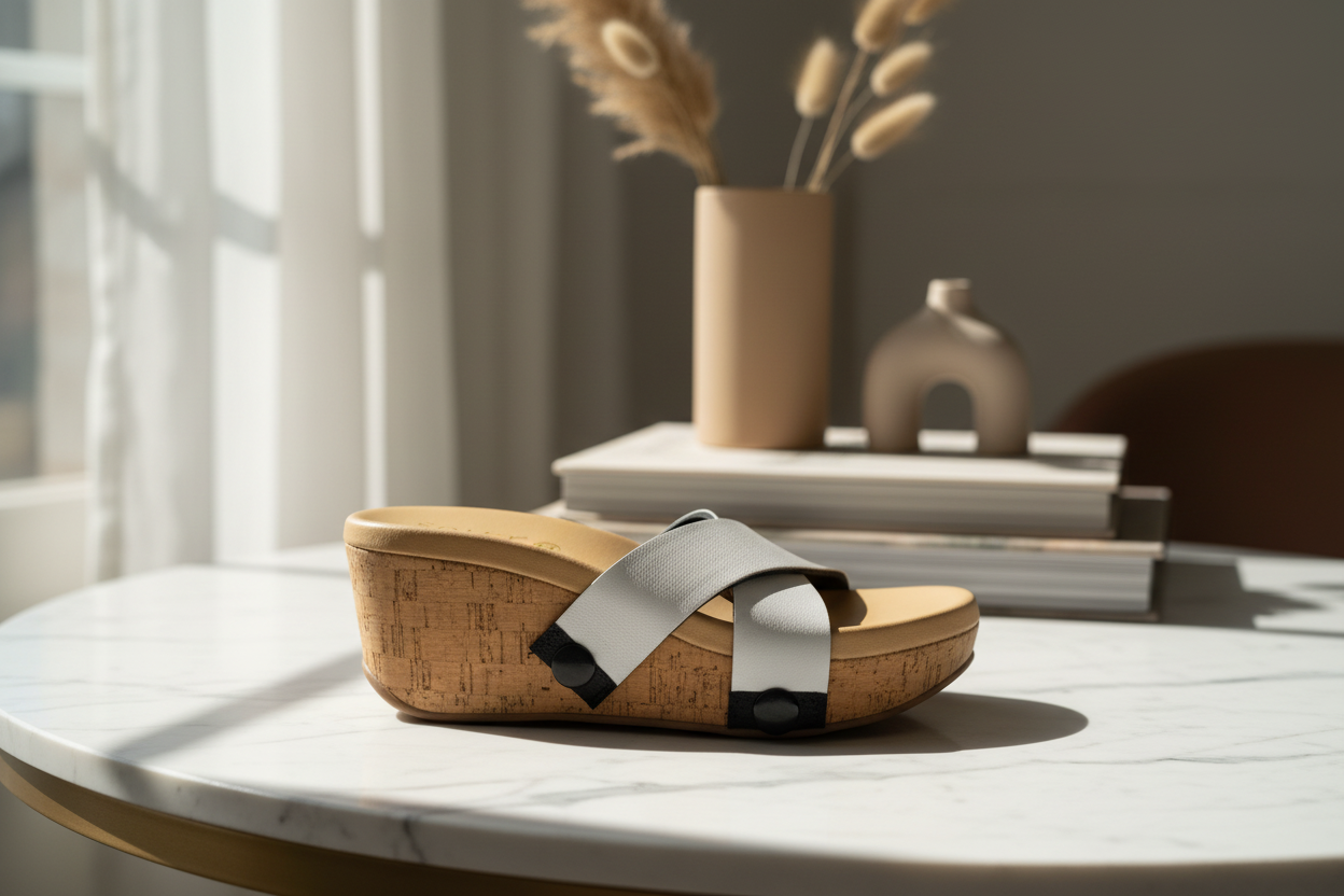 Close-up of cork wedge slide sandals with black snap clips and clean white criss-cross straps on smooth light stone table by Soule Footwear
