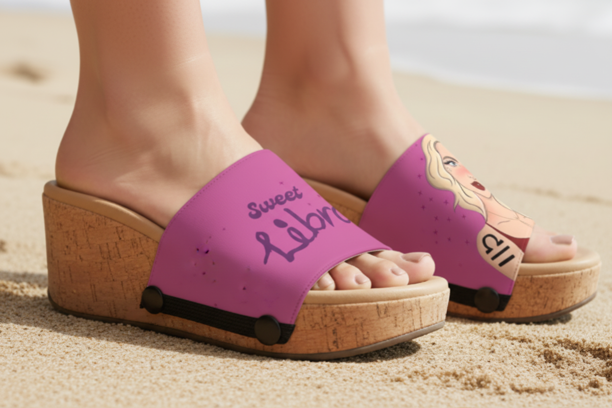 Close-up of cork wedge slide sandals with black snap clips and pink Sweet Libra zodiac strap on sandy beach