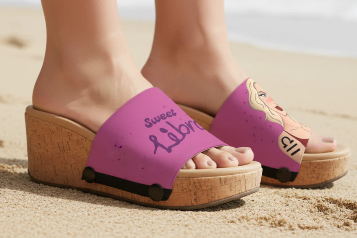 Close-up of model wearing Soule cork wedge sandal with Sweet Libra zodiac interchangeable strap on a sunlit street