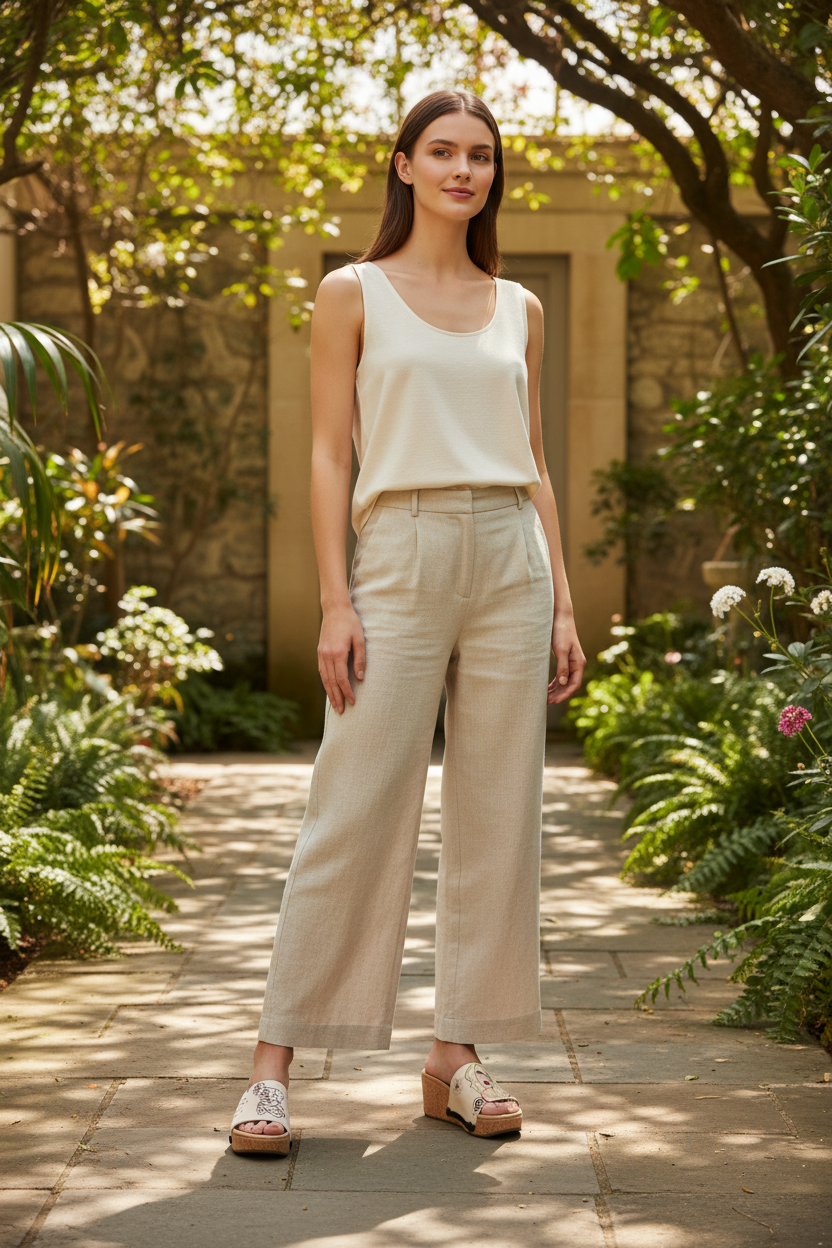 Full length shot of slim model in neutral linen outfit wearing Sweet Libra pink zodiac cork wedge sandals in a sunlit botanical garden by soule footwear