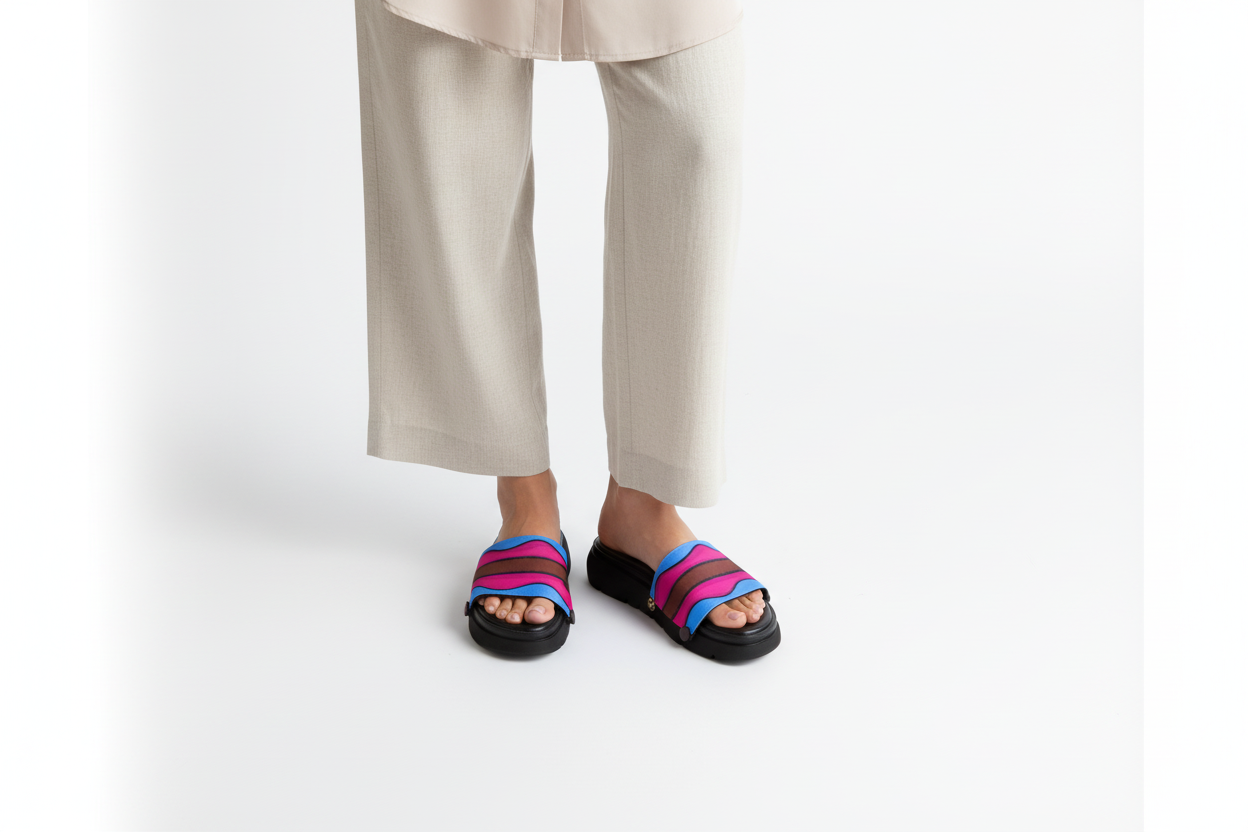 Top-down view with model wearing Twinkle Toes Black Sole – Soule interchangeable women's sandal sole, available in UK 3–8