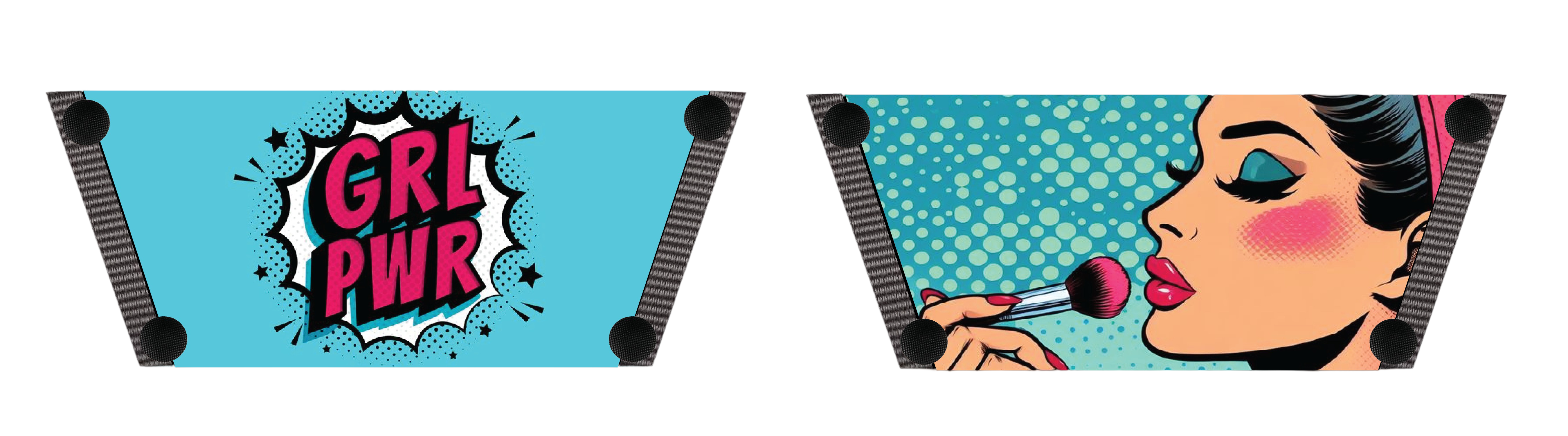 Pop Diva snap-on shoe strap set close-up - GRL PWR speech bubble and Lichtenstein makeup diva by Soule