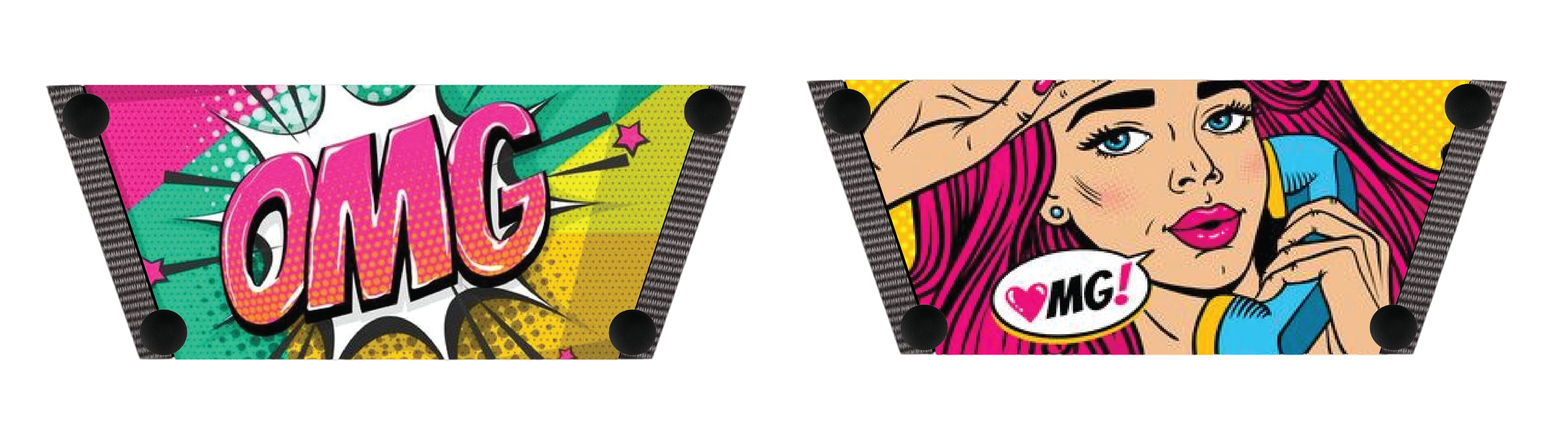 OMG snap-on shoe strap set close-up- multicolour OMG starburst and Lichtenstein telephone girl by Soule