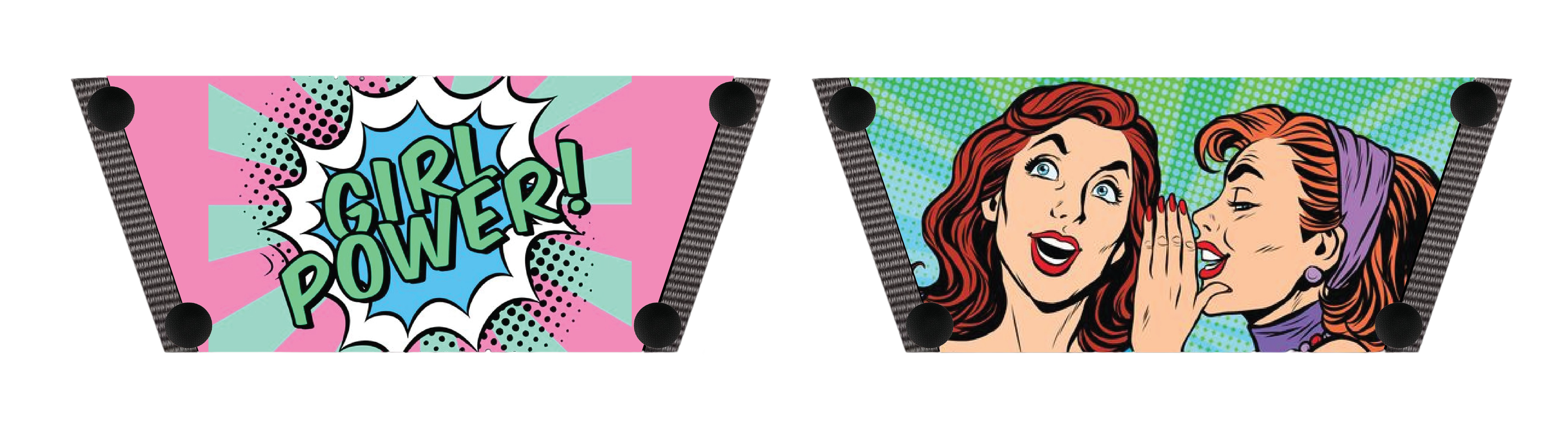 Girl Power snap-on shoe strap set close-up - GIRL POWER speech bubble and Lichtenstein sisterhood straps by Soule