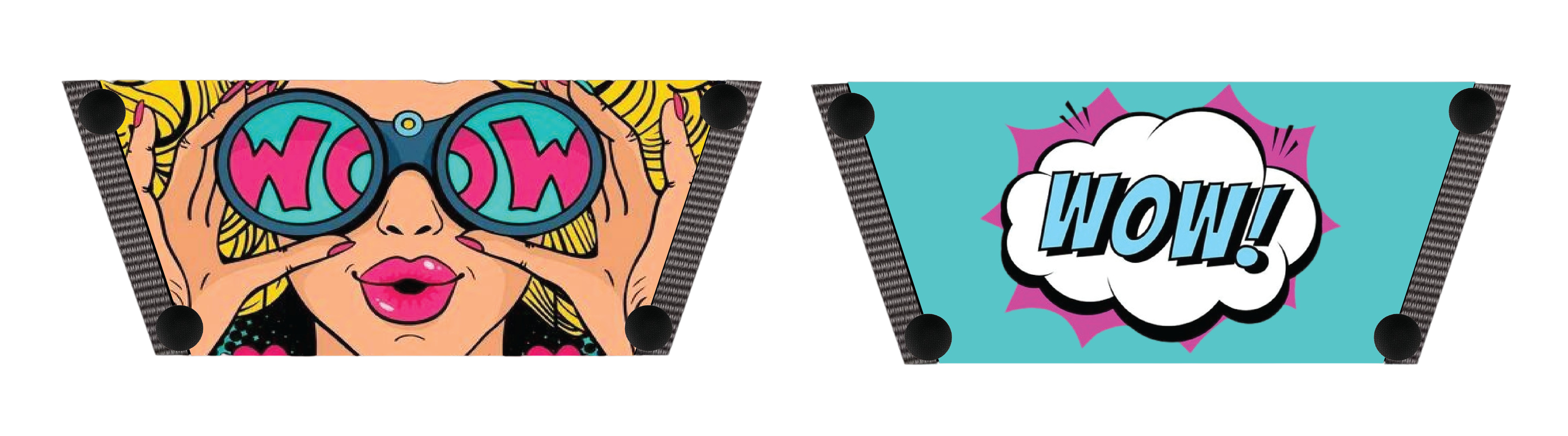 WOW snap-on shoe strap set close-up - Lichtenstein blonde binoculars and teal WOW speech bubble by Soule