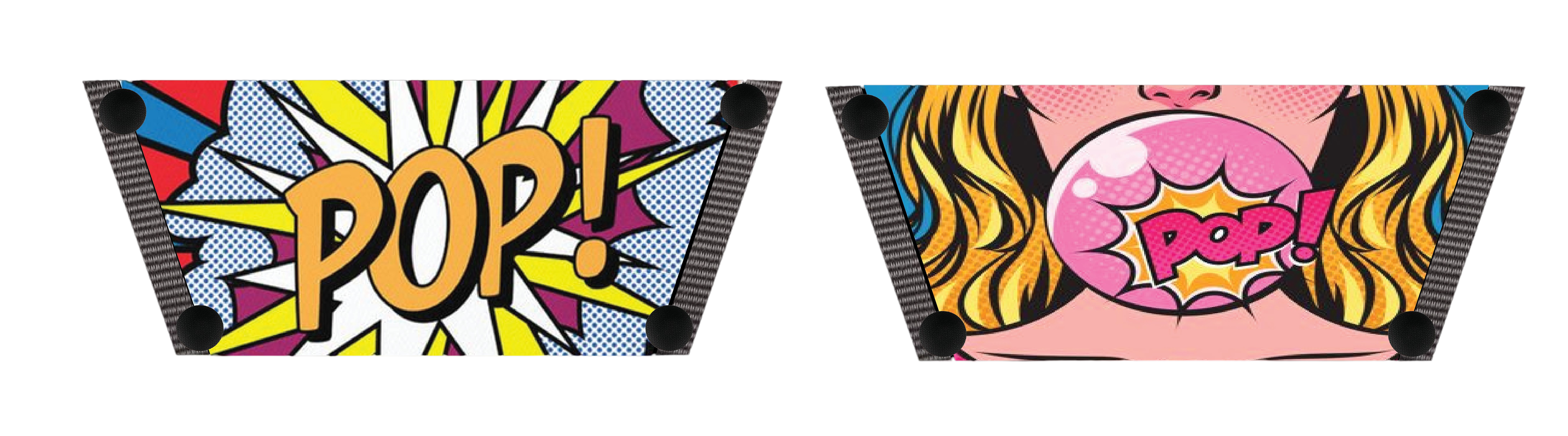 Pop! snap-on shoe strap close-up - pink POP! and lavender POP! comic book speech bubble straps by Soule