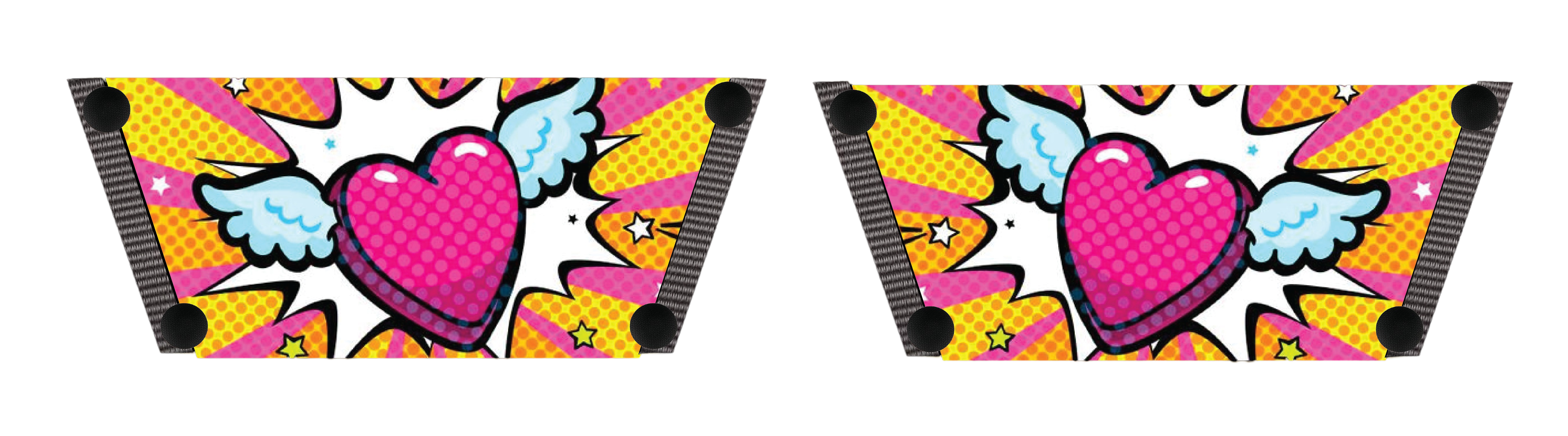Love Bomb snap-on shoe strap close-up  - white with bold magenta graffiti hearts by Soule