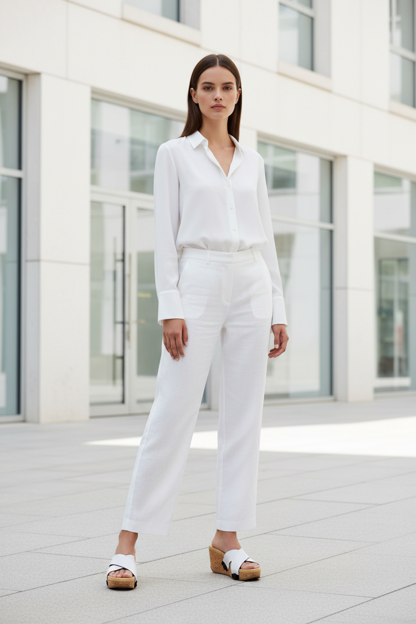 Full length shot of slim model in flowing white midi dress wearing White Criss Cross cork wedge sandals on a sleek modern European plaza by Soule Footwear